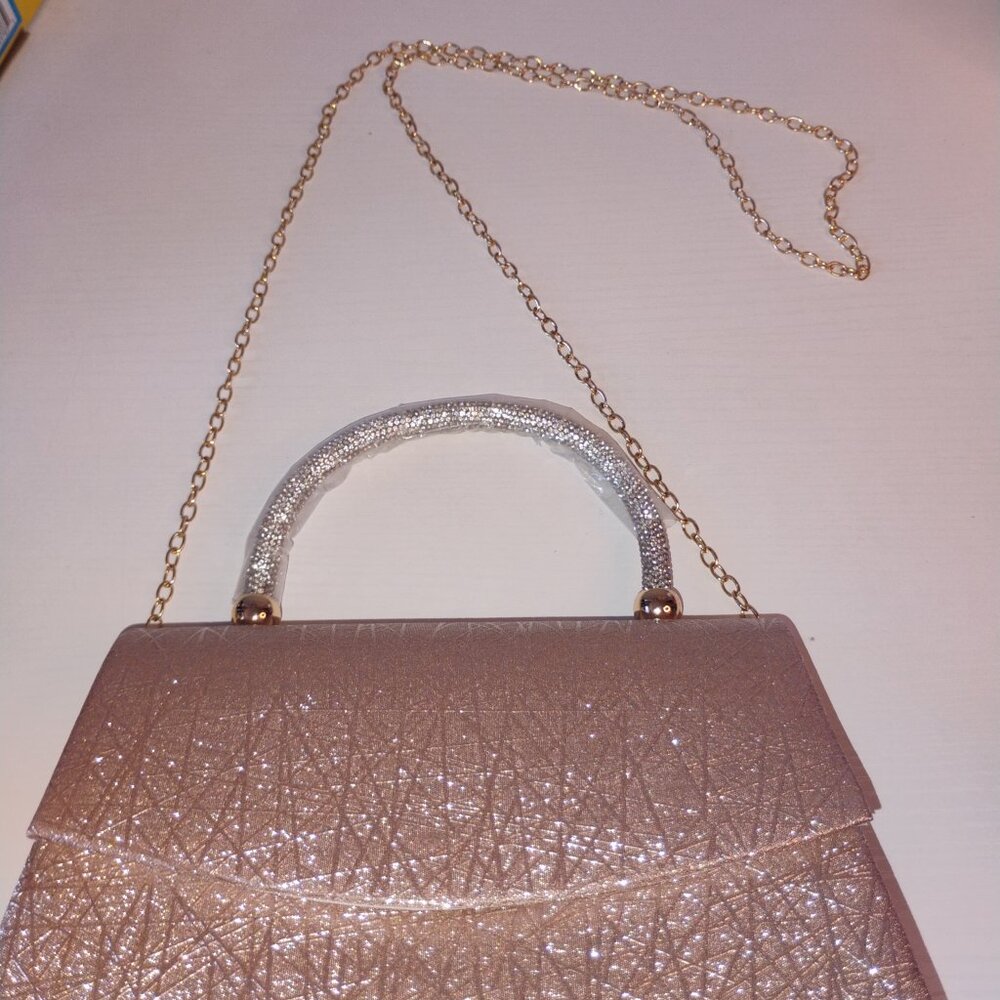 Rose Gold Glitter Crossbody Evening Bag w Rhinestone handle - Picture 2 of 4